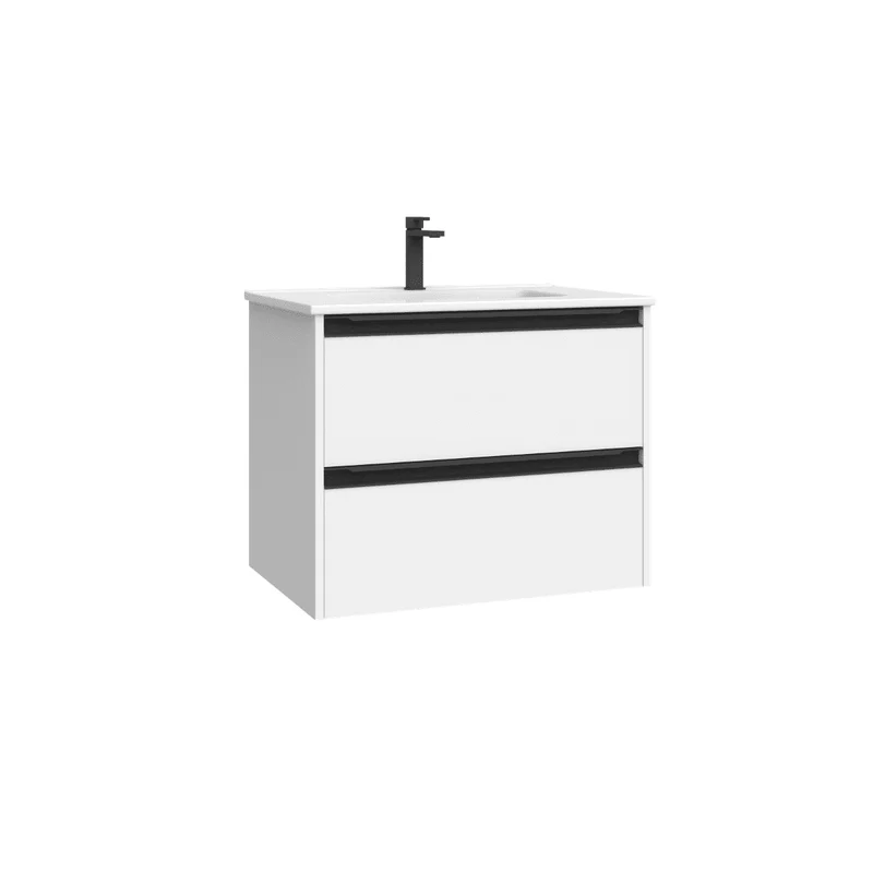 Mueble de Baño Suspendido con Lavabo Cerámico modelo Veloz| Mueble Volado 2 Cajones Con Tirador | Blanco Mate