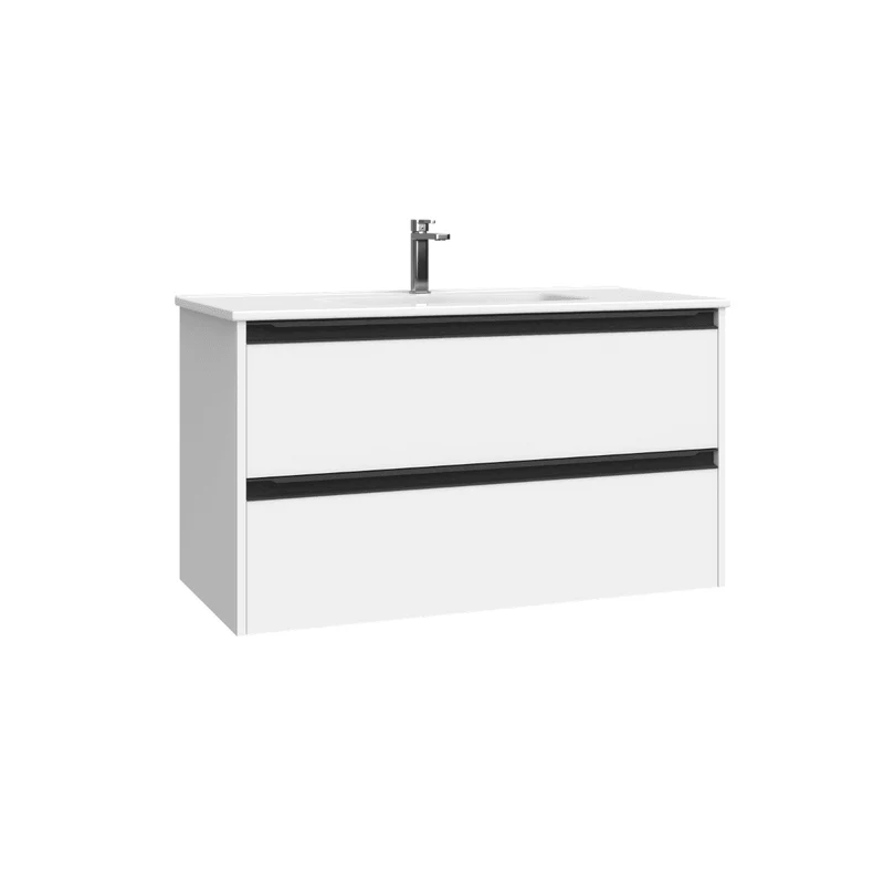 Mueble de Baño Suspendido con Lavabo Cerámico modelo Veloz| Mueble Volado 2 Cajones Con Tirador | Blanco Mate