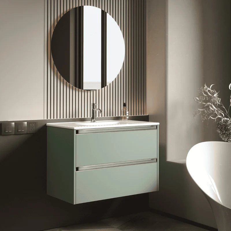 Mueble de Baño Suspendido con Lavabo Cerámico modelo Veloz| Mueble Volado 2 Cajones Con Tirador | Leaf