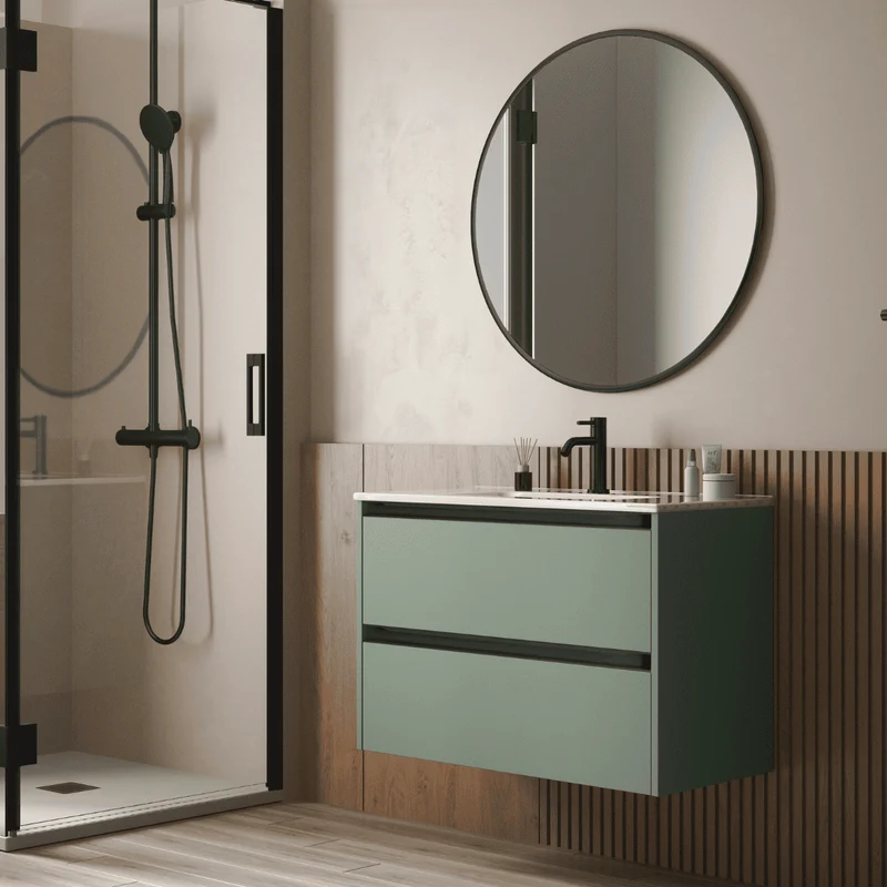 Mueble de Baño Suspendido con Lavabo Cerámico modelo Veloz| Mueble Volado 2 Cajones Con Tirador | Leaf