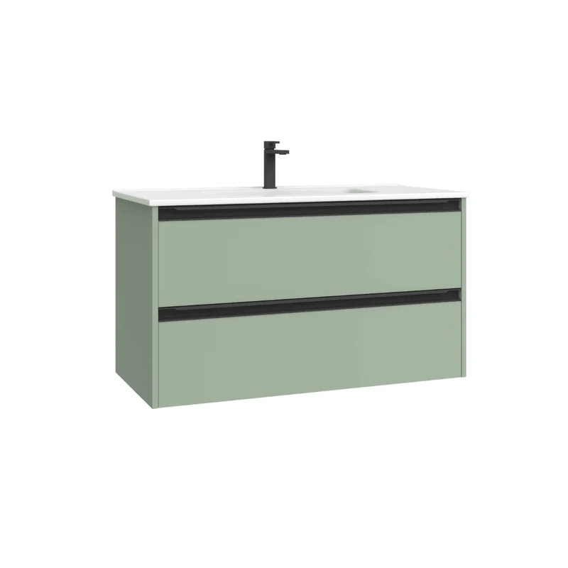 Mueble de Baño Suspendido con Lavabo Cerámico modelo Veloz| Mueble Volado 2 Cajones Con Tirador | Leaf