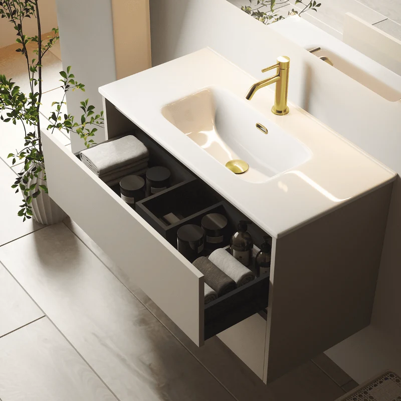 Mueble de Baño Suspendido con Lavabo Cerámico modelo Veloz| Mueble Volado 2 Cajones| Moka