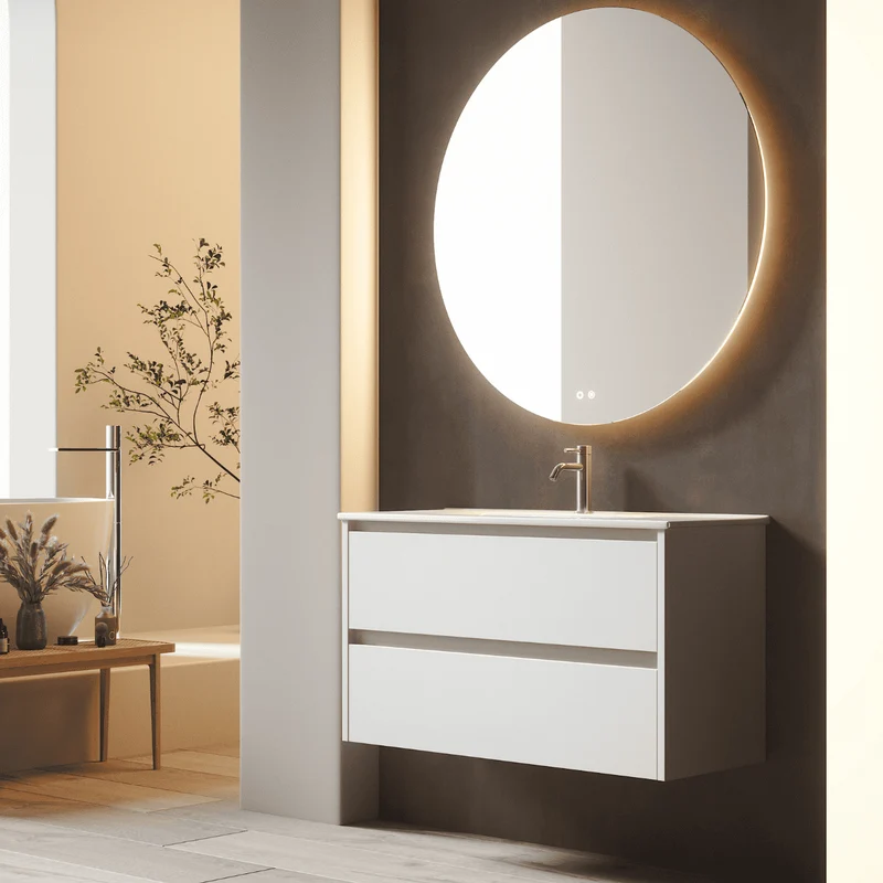 Mueble de Baño Suspendido con Lavabo Cerámico modelo Veloz| Mueble Volado 2 Cajones| Blanco Mate