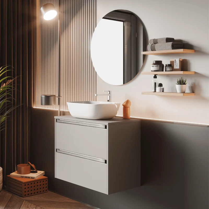 Mueble de Baño Suspendido Fondo Reducido con Lavabo Sobreponer Cerámico para Aseos modelo Veloz| Mueble Volado 2 Cajones Con Tirador| Moka