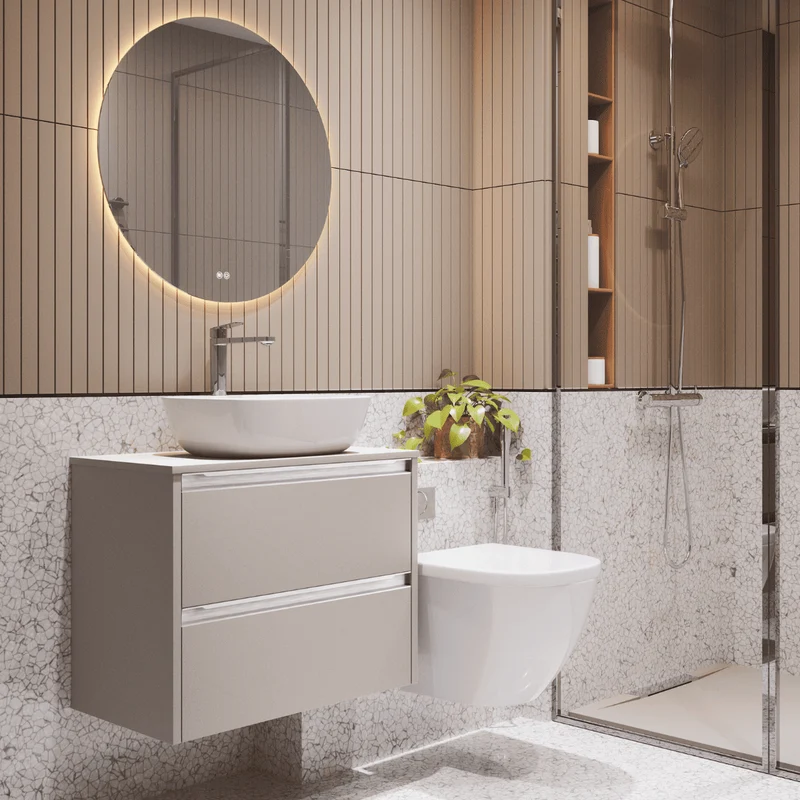 Mueble de Baño Suspendido Fondo Reducido con Lavabo Sobreponer Cerámico para Aseos modelo Veloz| Mueble Volado 2 Cajones Con Tirador| Moka