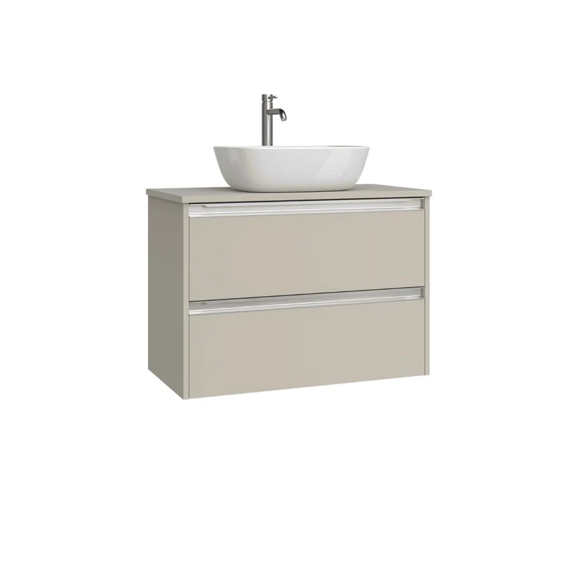 Mueble de Baño Suspendido Fondo Reducido con Lavabo Sobreponer Cerámico para Aseos modelo Veloz| Mueble Volado 2 Cajones Con Tirador| Moka