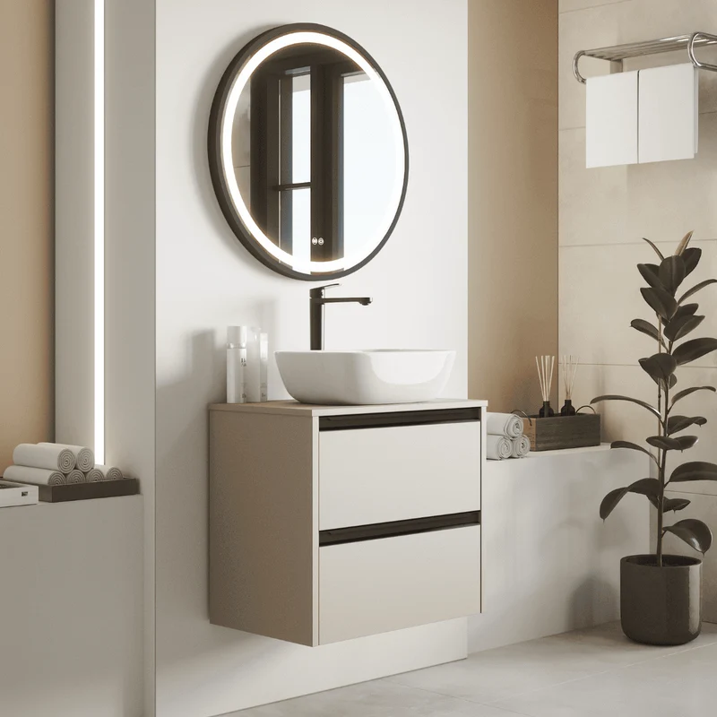 Mueble de Baño Suspendido Fondo Reducido con Lavabo Sobreponer Cerámico para Aseos modelo Veloz| Mueble Volado 2 Cajones Con Tirador| Moka
