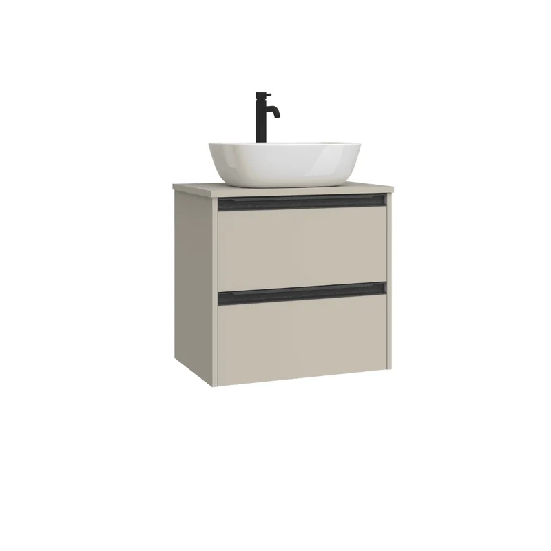 Mueble de Baño Suspendido Fondo Reducido con Lavabo Sobreponer Cerámico para Aseos modelo Veloz| Mueble Volado 2 Cajones Con Tirador| Moka