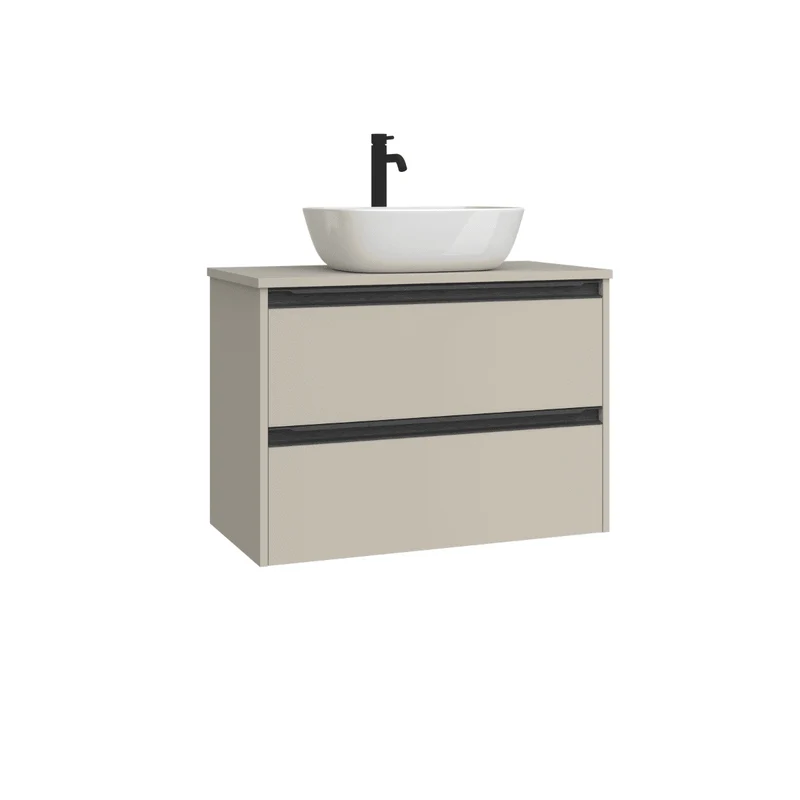 Mueble de Baño Suspendido Fondo Reducido con Lavabo Sobreponer Cerámico para Aseos modelo Veloz| Mueble Volado 2 Cajones Con Tirador| Moka