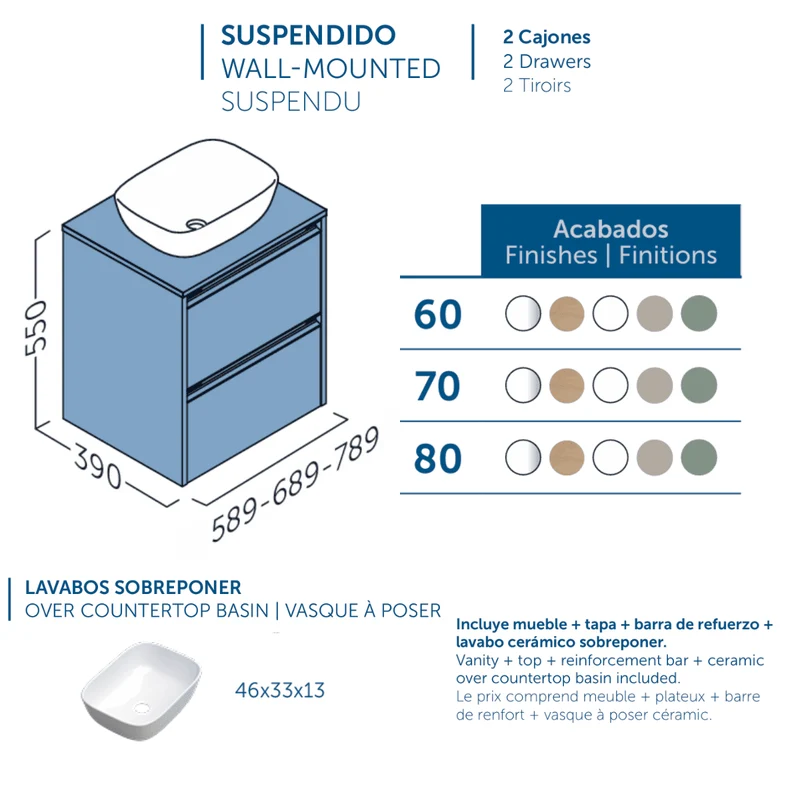 Mueble de Baño Suspendido Fondo Reducido con Lavabo Sobreponer Cerámico para Aseos modelo Veloz| Mueble Volado 2 Cajones Con Tirador| Leaf