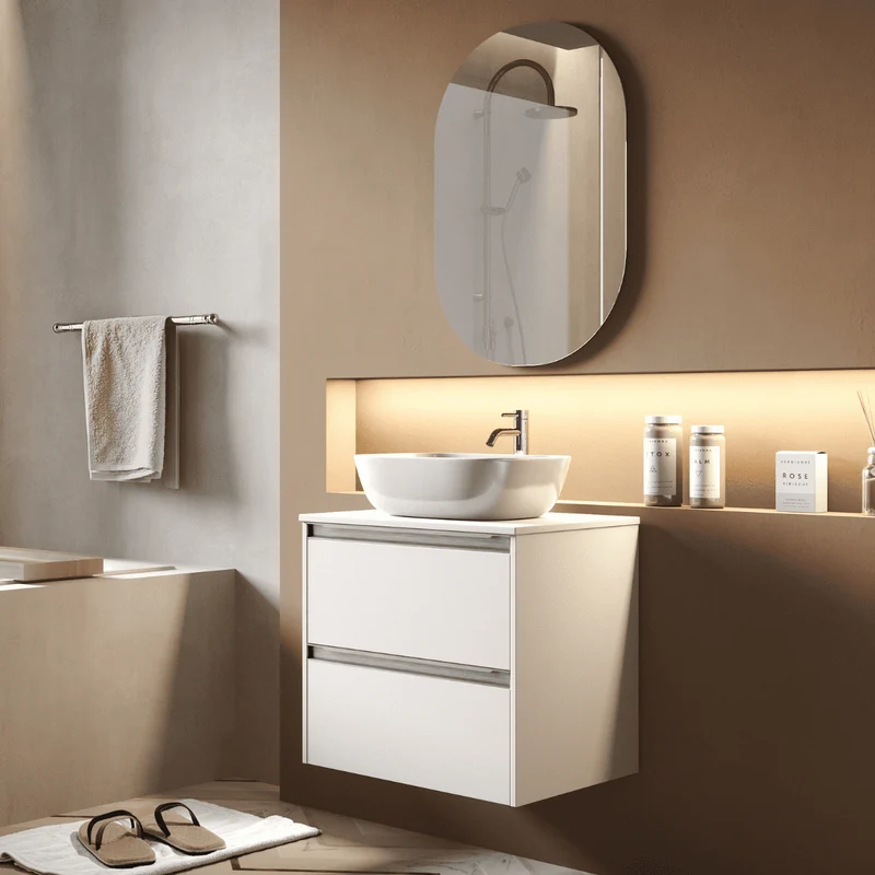 Mueble de Baño Suspendido Fondo Reducido con Lavabo Sobreponer Cerámico para Aseos modelo Veloz| Mueble Volado 2 Cajones Con Tirador| Blanco Mate
