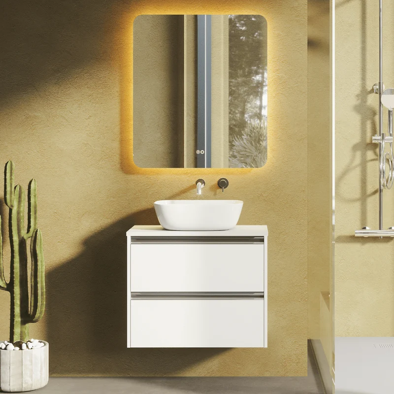 Mueble de Baño Suspendido Fondo Reducido con Lavabo Sobreponer Cerámico para Aseos modelo Veloz| Mueble Volado 2 Cajones Con Tirador| Blanco Mate