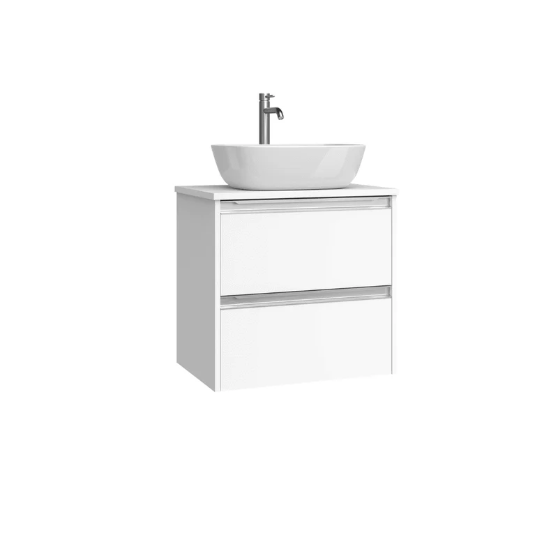 Mueble de Baño Suspendido Fondo Reducido con Lavabo Sobreponer Cerámico para Aseos modelo Veloz| Mueble Volado 2 Cajones Con Tirador| Blanco Mate