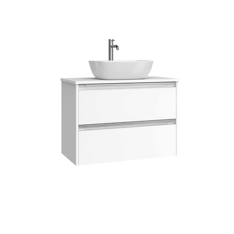 Mueble de Baño Suspendido Fondo Reducido con Lavabo Sobreponer Cerámico para Aseos modelo Veloz| Mueble Volado 2 Cajones Con Tirador| Blanco Mate