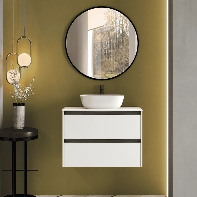 Mueble de Baño Suspendido Fondo Reducido con Lavabo Sobreponer Cerámico para Aseos modelo Veloz| Mueble Volado 2 Cajones Con Tirador| Blanco Mate