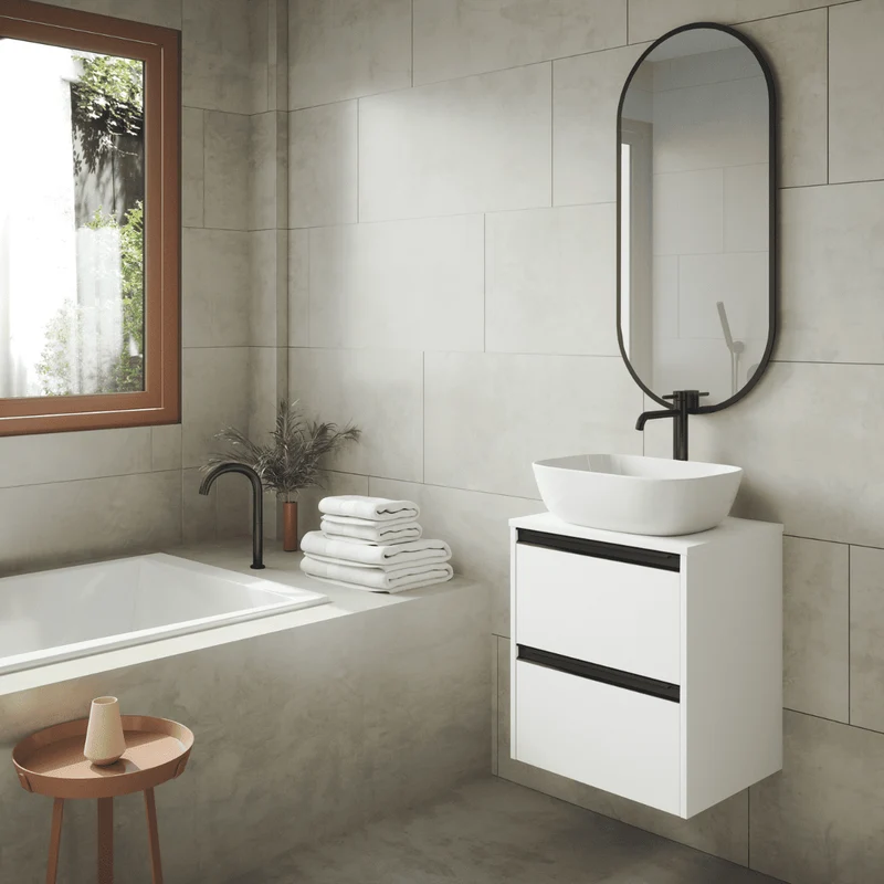 Mueble de Baño Suspendido Fondo Reducido con Lavabo Sobreponer Cerámico para Aseos modelo Veloz| Mueble Volado 2 Cajones Con Tirador| Blanco Mate