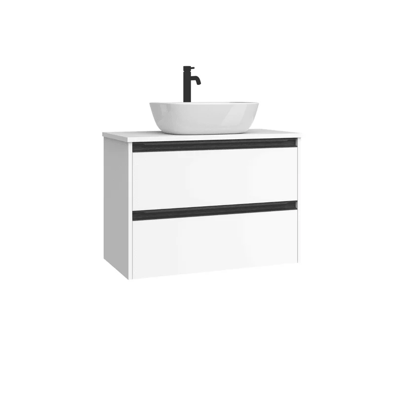 Mueble de Baño Suspendido Fondo Reducido con Lavabo Sobreponer Cerámico para Aseos modelo Veloz| Mueble Volado 2 Cajones Con Tirador| Blanco Mate