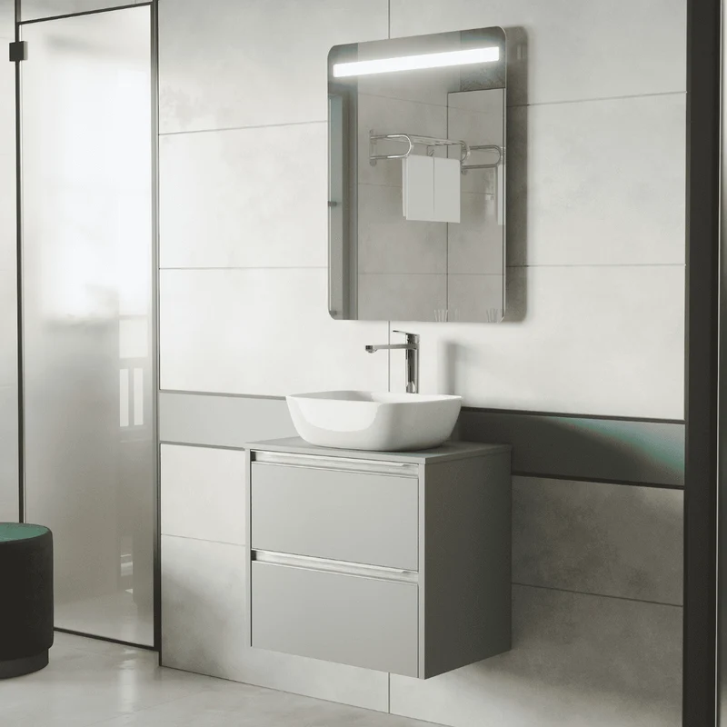 Mueble de Baño Suspendido Fondo Reducido con Lavabo Sobreponer Cerámico para Aseos modelo Veloz| Mueble Volado 2 Cajones Con Tirador| Leaf