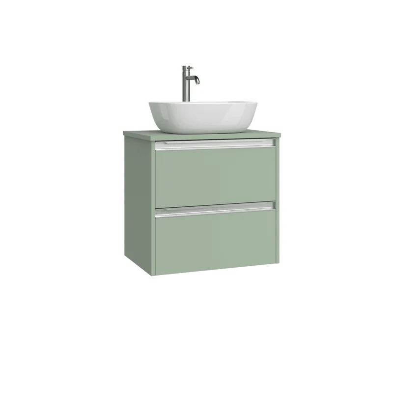 Mueble de Baño Suspendido Fondo Reducido con Lavabo Sobreponer Cerámico para Aseos modelo Veloz| Mueble Volado 2 Cajones Con Tirador| Leaf