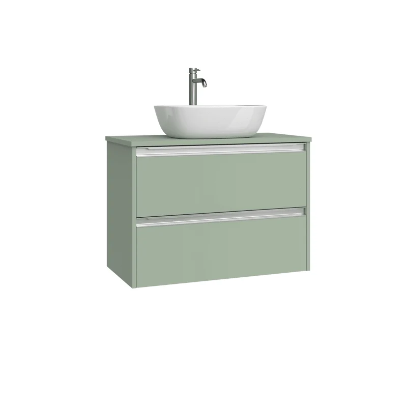 Mueble de Baño Suspendido Fondo Reducido con Lavabo Sobreponer Cerámico para Aseos modelo Veloz| Mueble Volado 2 Cajones Con Tirador| Leaf