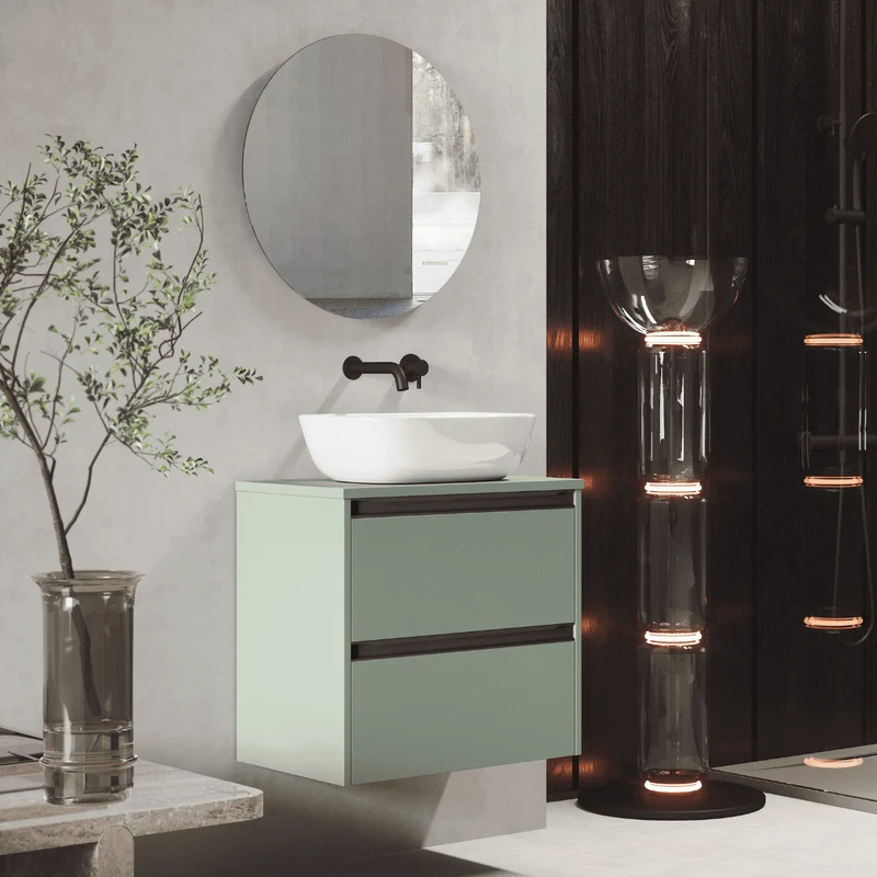 Mueble de Baño Suspendido Fondo Reducido con Lavabo Sobreponer Cerámico para Aseos modelo Veloz| Mueble Volado 2 Cajones Con Tirador| Leaf