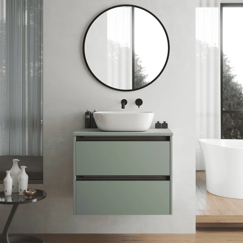 Mueble de Baño Suspendido Fondo Reducido con Lavabo Sobreponer Cerámico para Aseos modelo Veloz| Mueble Volado 2 Cajones Con Tirador| Leaf