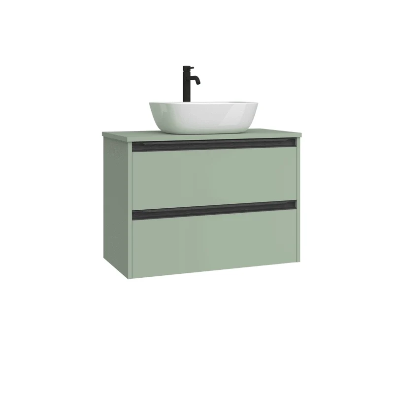 Mueble de Baño Suspendido Fondo Reducido con Lavabo Sobreponer Cerámico para Aseos modelo Veloz| Mueble Volado 2 Cajones Con Tirador| Leaf