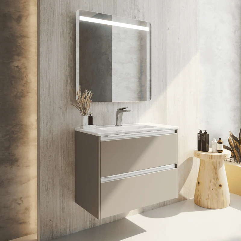 Mueble de Baño Suspendido Fondo Reducido con Lavabo Cerámico para Aseos modelo Veloz| Mueble Volado 2 Cajones Con Tirador | Moka
