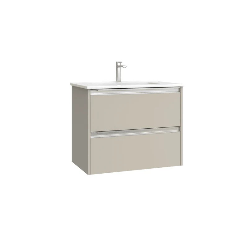 Mueble de Baño Suspendido Fondo Reducido con Lavabo Cerámico para Aseos modelo Veloz| Mueble Volado 2 Cajones Con Tirador | Moka