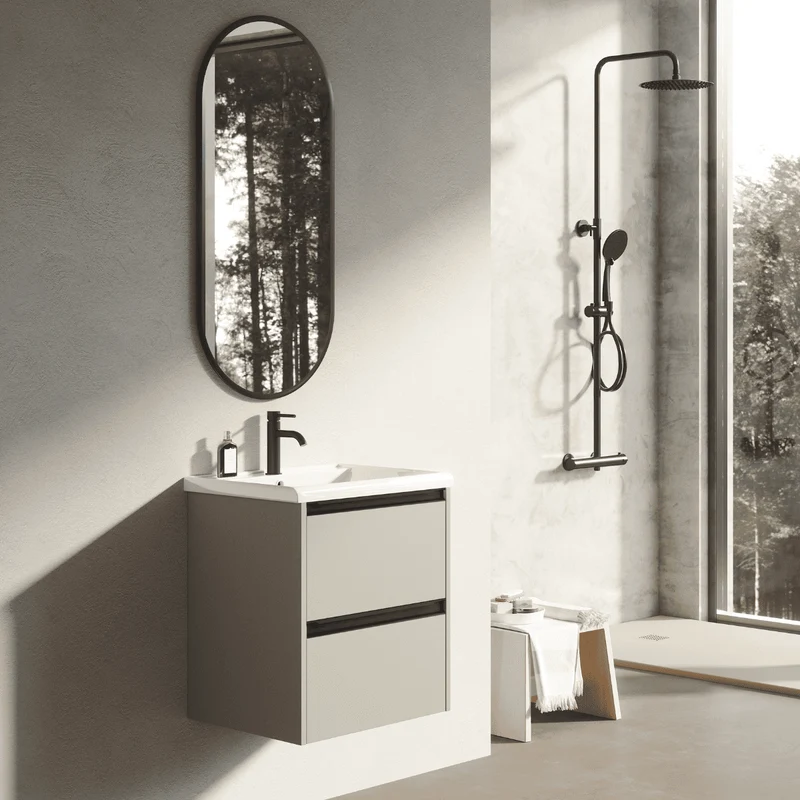 Mueble de Baño Suspendido Fondo Reducido con Lavabo Cerámico para Aseos modelo Veloz| Mueble Volado 2 Cajones Con Tirador | Moka
