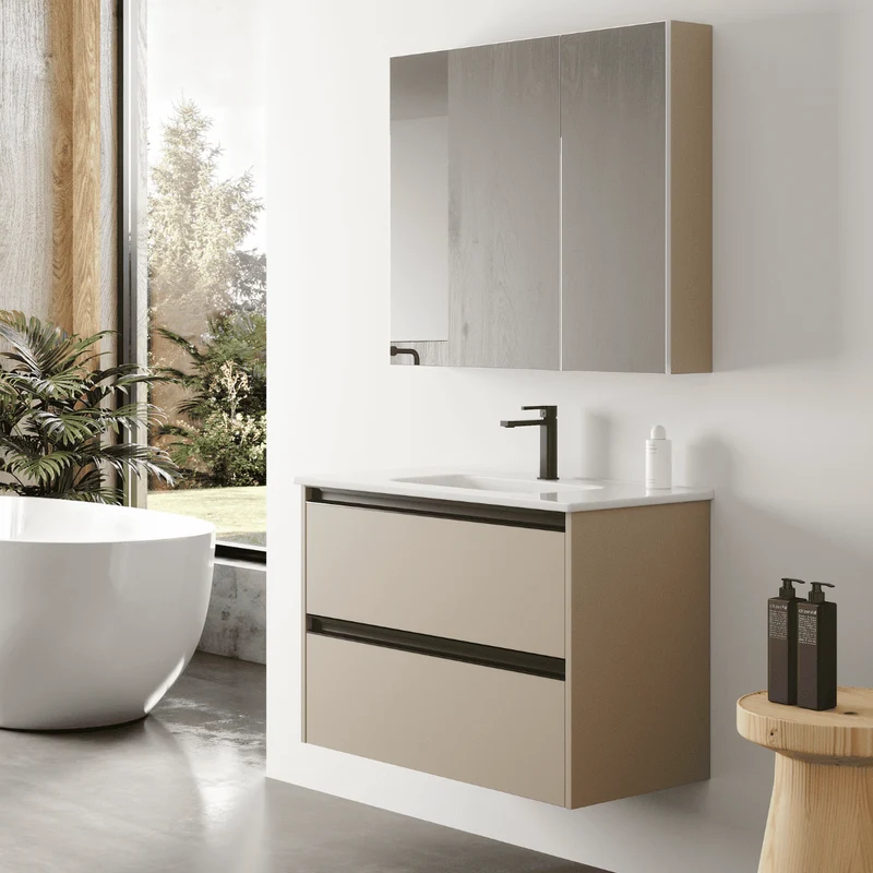Mueble de Baño Suspendido Fondo Reducido con Lavabo Cerámico para Aseos modelo Veloz| Mueble Volado 2 Cajones Con Tirador | Moka
