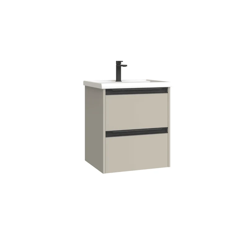 Mueble de Baño Suspendido Fondo Reducido con Lavabo Cerámico para Aseos modelo Veloz| Mueble Volado 2 Cajones Con Tirador | Moka