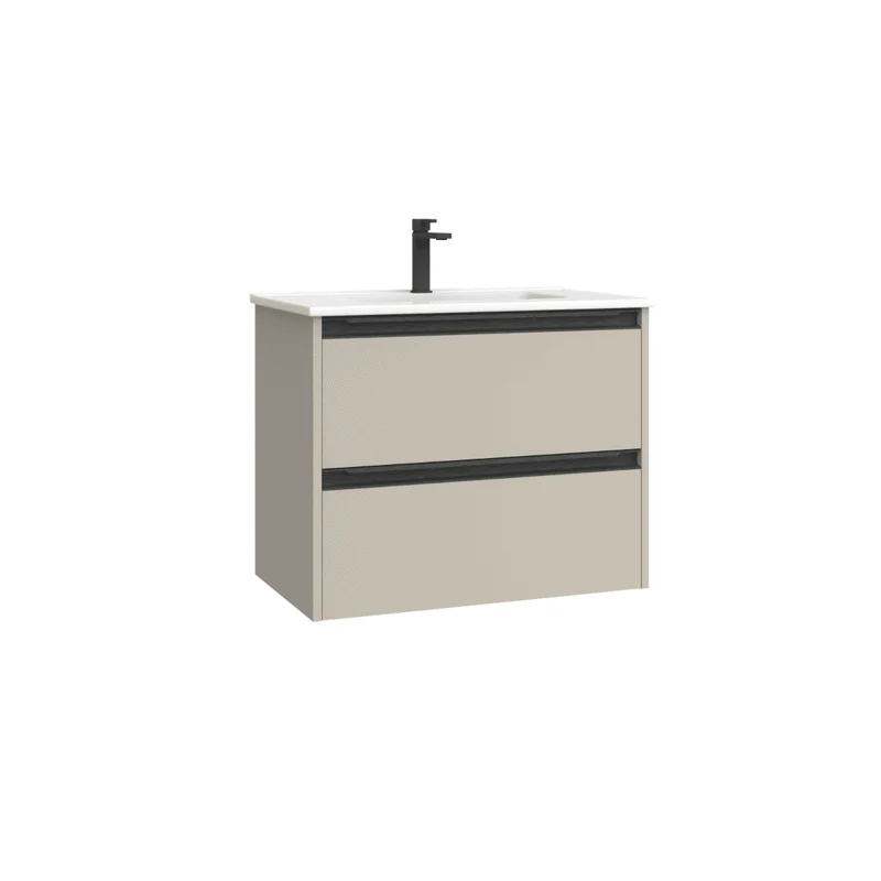 Mueble de Baño Suspendido Fondo Reducido con Lavabo Cerámico para Aseos modelo Veloz| Mueble Volado 2 Cajones Con Tirador | Moka