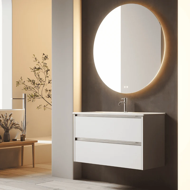 Mueble de Baño Suspendido Fondo Reducido con Lavabo Cerámico para Aseos modelo Veloz| Mueble Volado 2 Cajones Con Tirador | Blanco mate