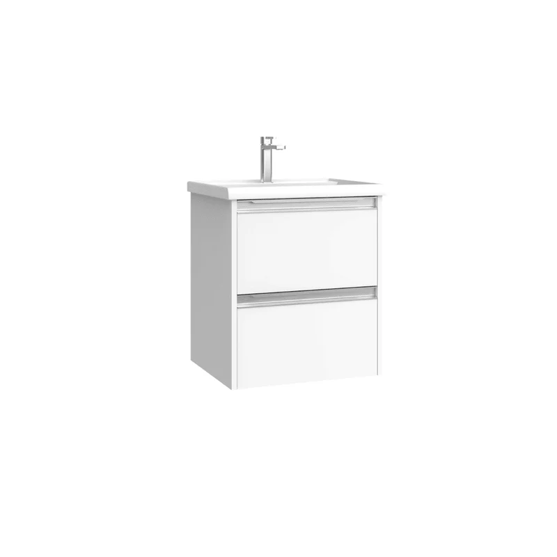 Mueble de Baño Suspendido Fondo Reducido con Lavabo Cerámico para Aseos modelo Veloz| Mueble Volado 2 Cajones Con Tirador | Blanco mate
