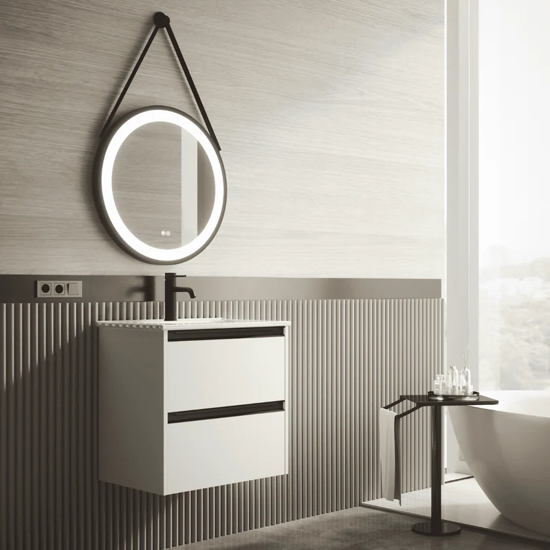 Mueble de Baño Suspendido Fondo Reducido con Lavabo Cerámico para Aseos modelo Veloz| Mueble Volado 2 Cajones Con Tirador | Blanco mate