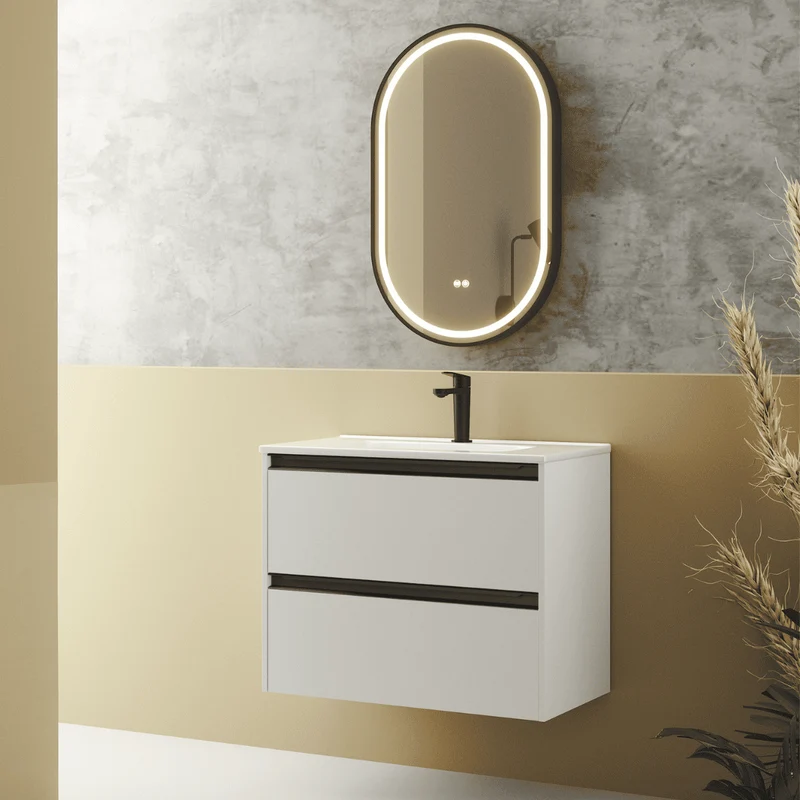 Mueble de Baño Suspendido Fondo Reducido con Lavabo Cerámico para Aseos modelo Veloz| Mueble Volado 2 Cajones Con Tirador | Blanco mate