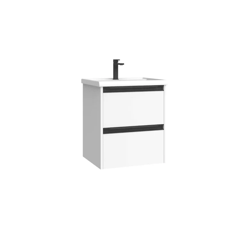 Mueble de Baño Suspendido Fondo Reducido con Lavabo Cerámico para Aseos modelo Veloz| Mueble Volado 2 Cajones Con Tirador | Blanco mate