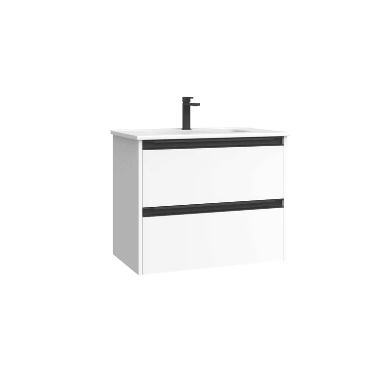 Mueble de Baño Suspendido Fondo Reducido con Lavabo Cerámico para Aseos modelo Veloz| Mueble Volado 2 Cajones Con Tirador | Blanco mate
