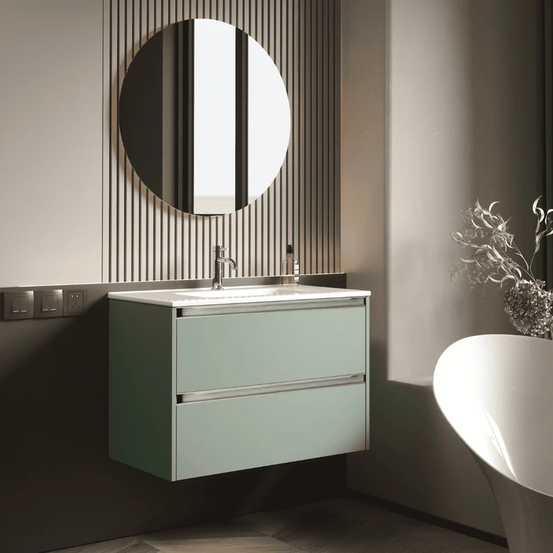 Mueble de Baño Suspendido Fondo Reducido con Lavabo Cerámico para Aseos modelo Veloz| Mueble Volado 2 Cajones Con Tirador | Leaf