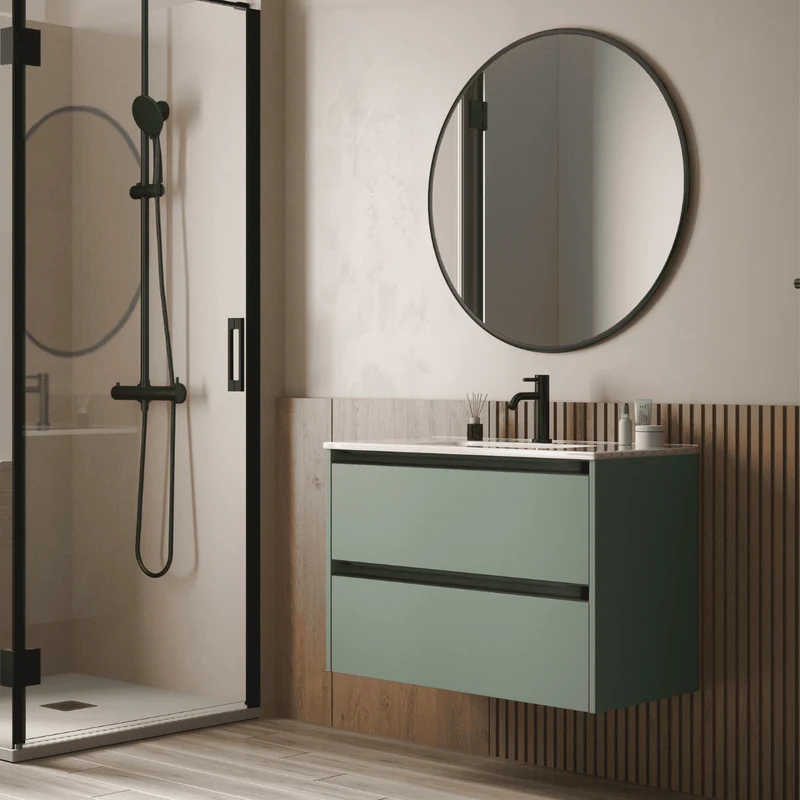 Mueble de Baño Suspendido Fondo Reducido con Lavabo Cerámico para Aseos modelo Veloz| Mueble Volado 2 Cajones Con Tirador | Leaf