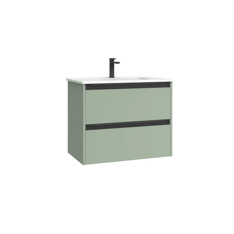 Mueble de Baño Suspendido Fondo Reducido con Lavabo Cerámico para Aseos modelo Veloz| Mueble Volado 2 Cajones Con Tirador | Leaf