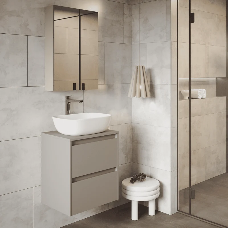 Mueble de Baño Suspendido Fondo Reducido con Lavabo Sobreponer Cerámico para Aseos modelo Veloz| Mueble Volado 2 Cajones | Moka