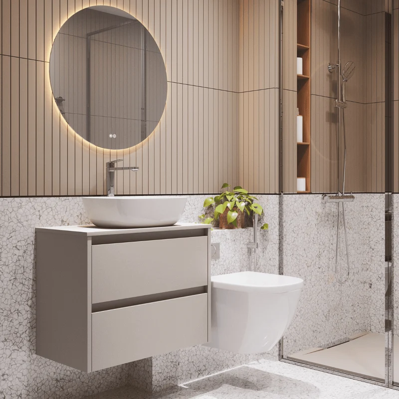 Mueble de Baño Suspendido Fondo Reducido con Lavabo Sobreponer Cerámico para Aseos modelo Veloz| Mueble Volado 2 Cajones | Moka