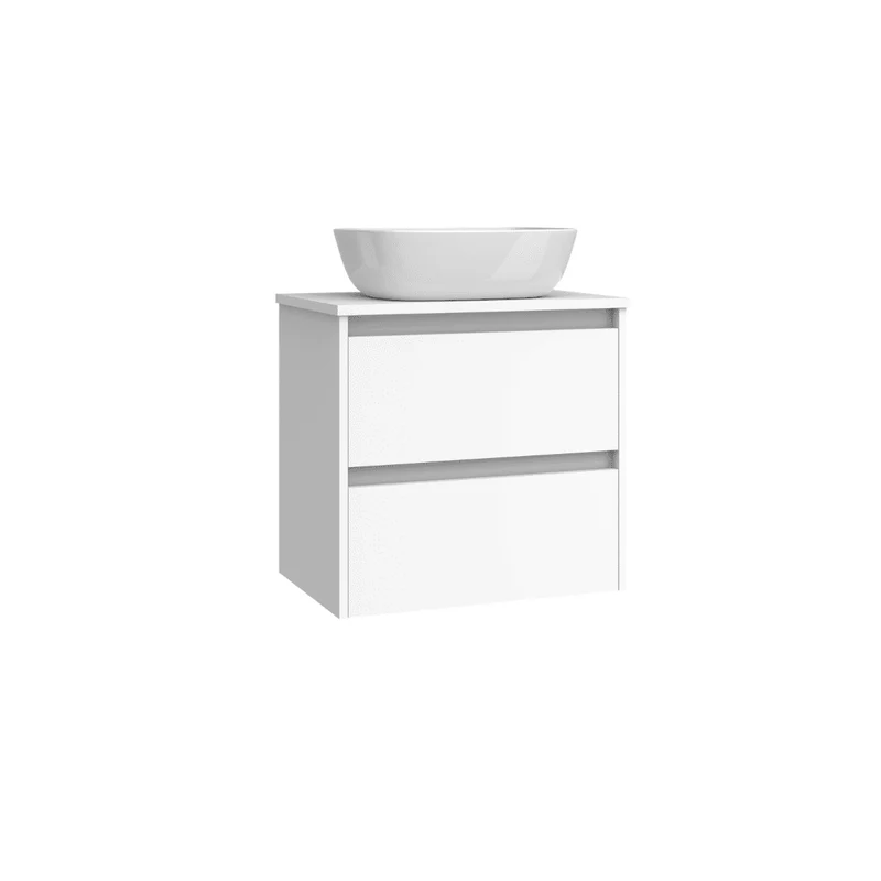 Mueble de Baño Suspendido Fondo Reducido con Lavabo Sobreponer Cerámico para Aseos modelo Veloz| Mueble Volado 2 Cajones | Blanco Mate