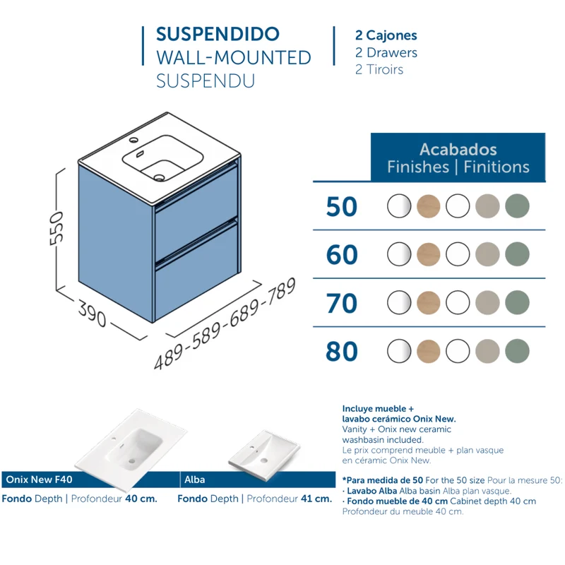 Mueble de Baño Suspendido Fondo Reducido con Lavabo Cerámico modelo Veloz| Mueble Volado 2 Cajones | Blanco Brillo