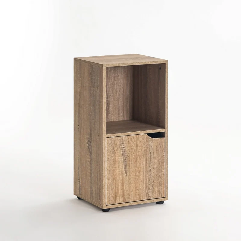 Mesita de noche Cubo de laminado color roble con 1 puerta de 60x30x29 cm