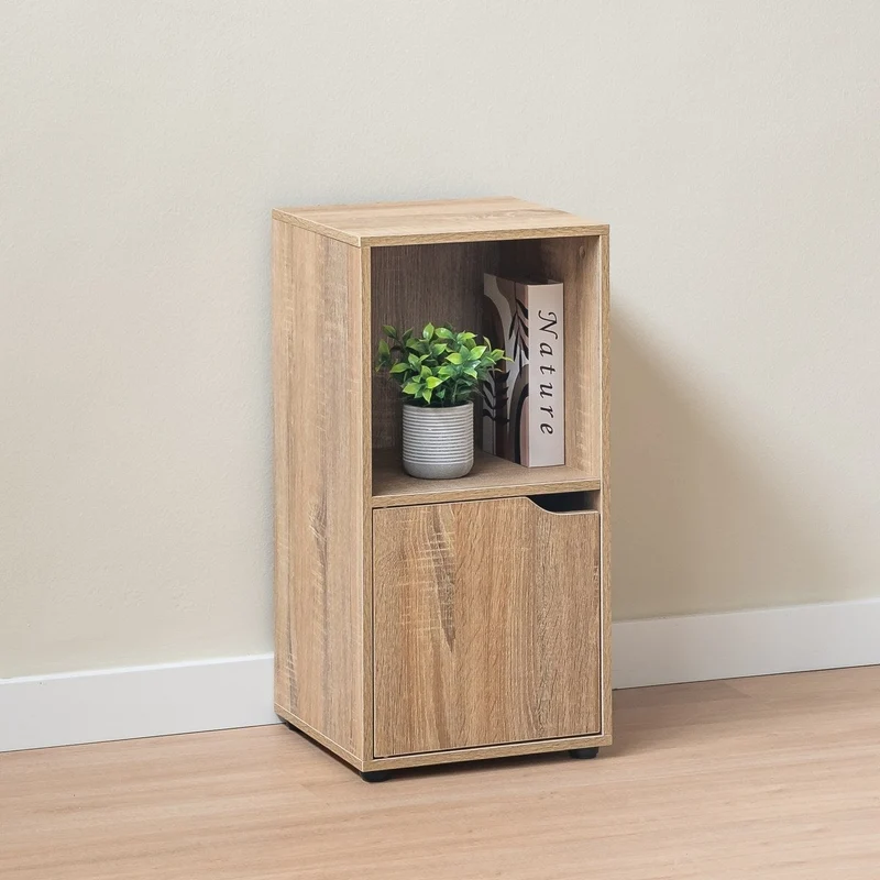 Mesita de noche Cubo de laminado color roble con 1 puerta de 60x30x29 cm