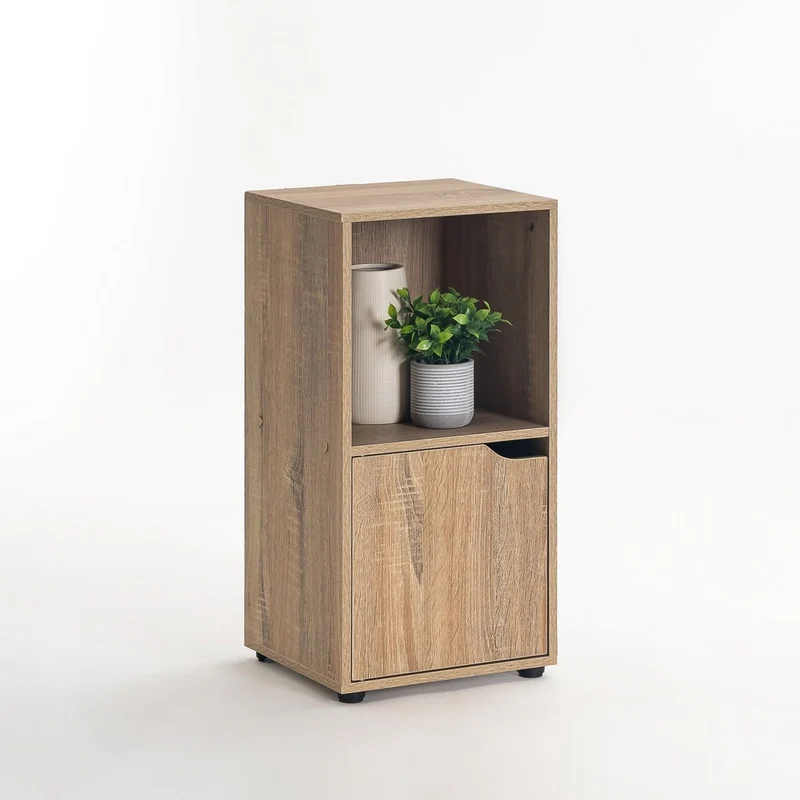 Mesita de noche Cubo de laminado color roble con 1 puerta de 60x30x29 cm