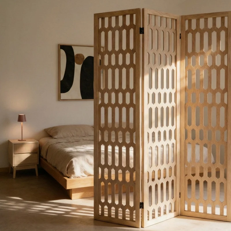 Biombo de madera de paulonia con diseño de hexágonos de 120x170 cm